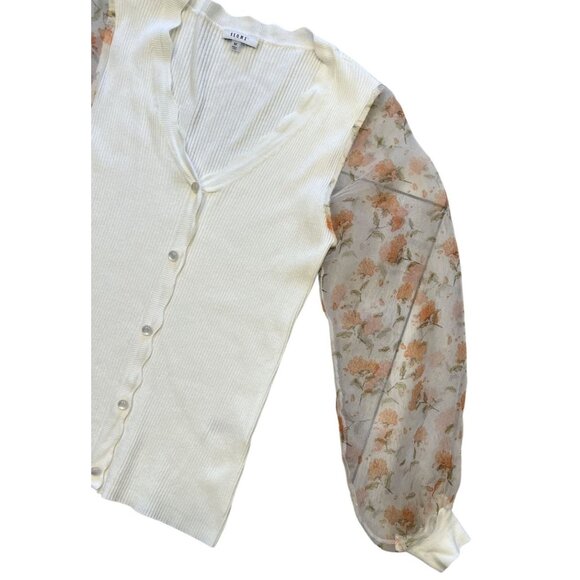 Sioni Womens Medium White Cardigan With Sheer Floral Sleeves Feminine Buttons GU - Picture 5 of 7